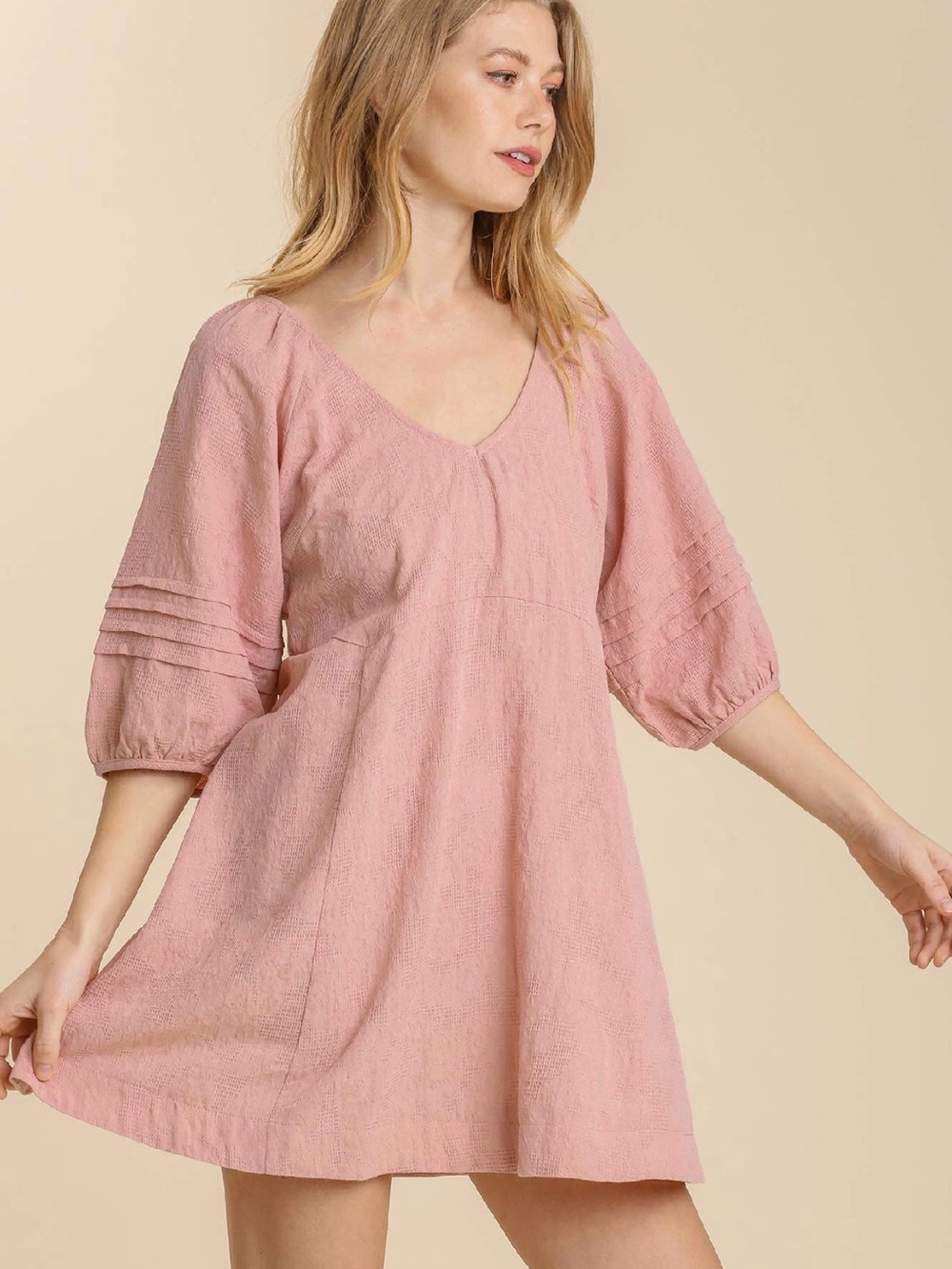 Umgee Dusty Pink V-Neck Babydoll Dress with Pintuck Sleeves